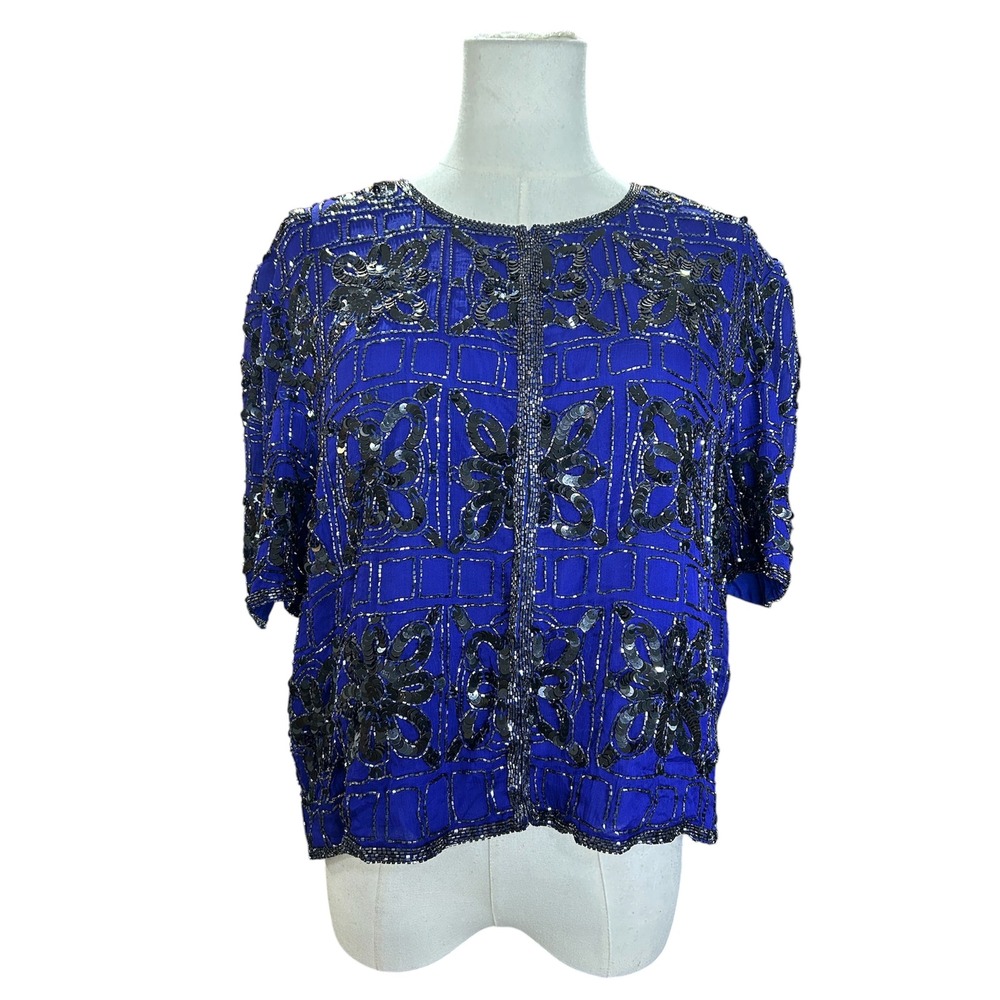 Stenay Vintage Womens Evening Top Medium Royal Blue Silk Floral Beaded Sequin
